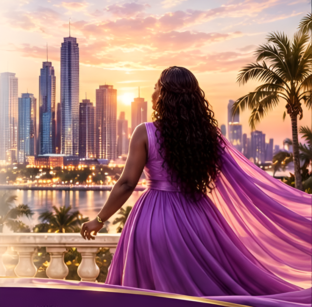 Woman in a purple dress overlooking a city at sunset